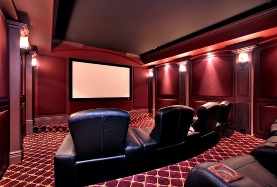 home movie theater with acoustics and sound treatments