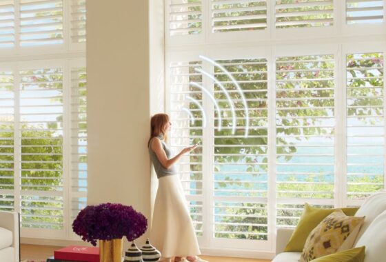 Woman in the living room looking at the ocean through picture windows covered with open blinds. A Wi-Fi signal emanates in the room.